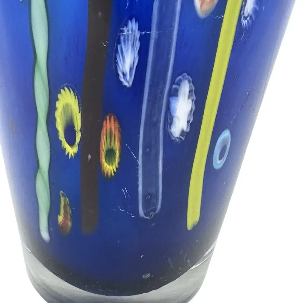 Venetian Blue Murano Italy Blown Art Glass Millefiori Vase By Dino Marten 11.5”